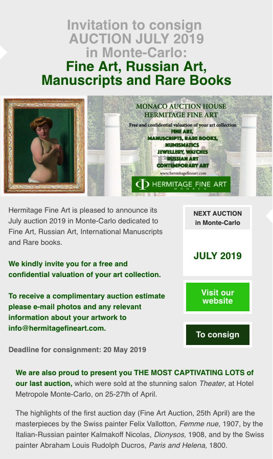 Annonce. Monaco. Hermitage Fine Art July auction 2019. 2019-05-13